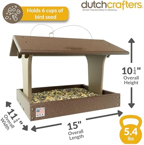 DutchCrafters Plastic Poly Covered Roof Hanging Fly Through Bird Feeder Open Side Platform Seed Tray for Outside Outdoor Garden - Amish American Made in USA (Tudor Brown & Weatherwood)