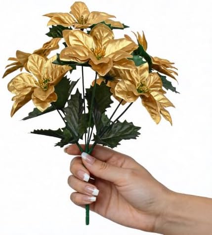 3 Pack Artificial Poinsettia Bushes – 9.8" Faux Gold Poinsettia Bouquets with 7 Heads Each, Christmas Artificial Flowers for Holiday Tree, Table Centerpiece, Indoor Outdoor Décor, DIY Table Runner