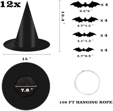 12 PCS Hanging Witch Hats Black/Pink, 16 PCS 3D Bats Stickers for Halloween Indoor Outdoor Decorations