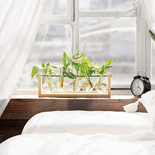 Mkono Plant Propagation Station Wall Desktop Beige Wood Stand 5 Vase Holder