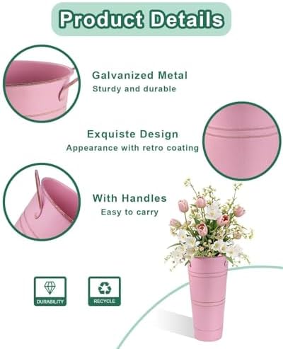 9 Inch Galvanized Flower Bucket, 2 Pack Tabletop Vases for Dried Flowers