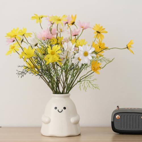 Cute Ghost Vase Ceramic Ghost Bucket Vase, H 5.9" Halloween Vases Ceramic Ghosts Decor for Home Table Desk Bedroom Halloween Decorations, Ceramic Vases for Flowers (B-Bright Surface)