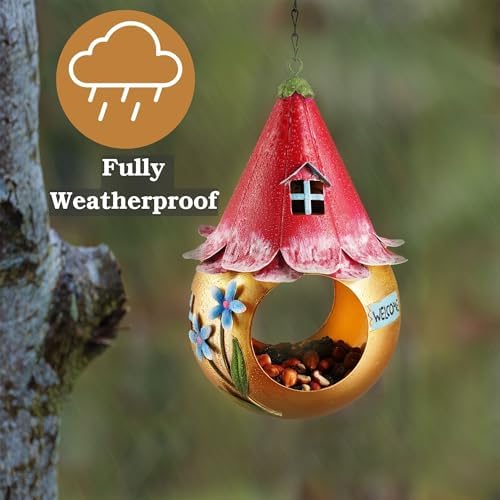 Muldale Solar Bird Feeder - Light Up Hanging Bird Feeders - Cute Fairy Design Rustproof Metal - Outside Unusual Metal Art with LED Light - Gift Boxed