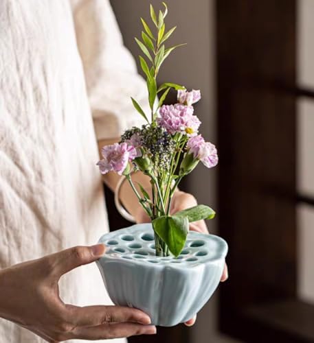 Lotus Pod Flower Arrangement Vase, Ceramic Flower Frog Pot, Ikebana Stem Holder, Decorative Flower Frog Container, Ceramic Flower Vase Kenzan (Light Cyan)