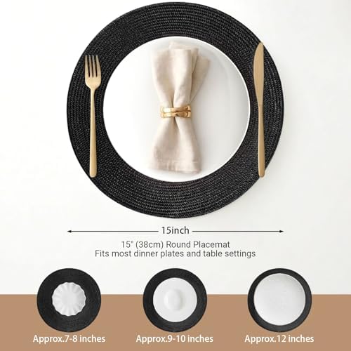 FunWheat Round Braided Placemats Set of 8 Place Mats for Dining Table Woven Washable Non-Slip Table Mats 15 Inch(Black,8pcs)