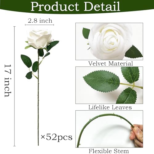 50Pcs White Roses Artificial Flowers with Stems for Home Decor
