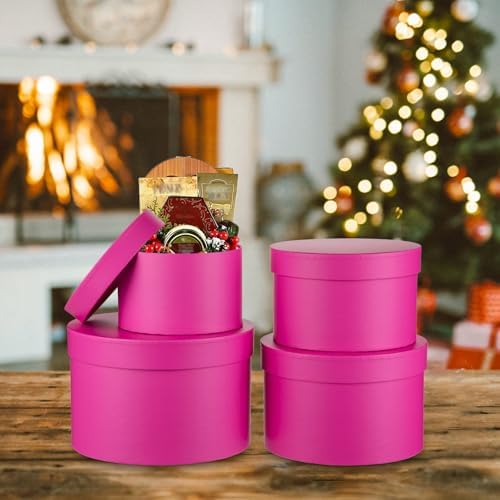 Round Gift Boxes with Lids Flower Boxes for Arrangements Hot Pink Round Box Set of 4 Nesting Gift Boxes with Lids for Flowers Arrangements Empty, Bridesmaid, Proposal, Wedding, Birthday, Party Favor