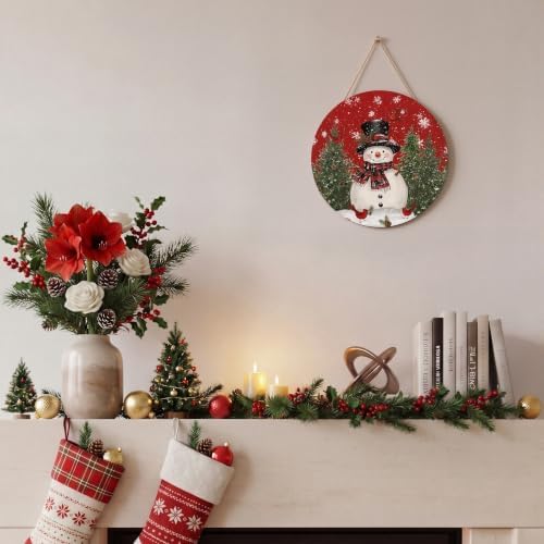 Smile Merry Christmas Round Door Sign Red Wreath Snowman Decor