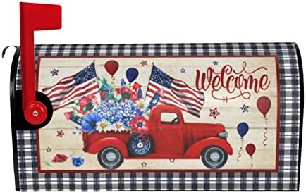 July 4Th Independence Day Mailbox Cover Magnetic Standard Size 18x21 Inch USA Patriotic American Flag Welcome Red Truck Wraps Post Letter Box for Home Garden Yard Decor