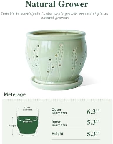 Ceramic Orchid Pot 6.3 Inch, Orchid Pots with Holes, Large Plant Pot for Repotting, Ventilation Holes Breathable for Roots, Durable Ice-Cracked Glaze Ceramic Planter Pot (Grass Green)