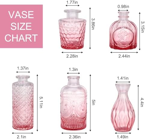 5pcs Pink Glass Bud Vase Set, Small Flower Vases for Centerpieces in Bulk