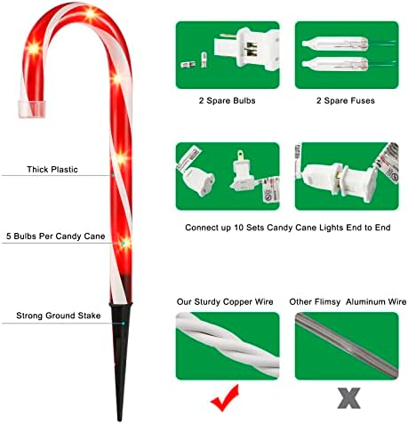 Christmas Candy Cane Pathway Markers Lights, Candy Canes Lights Outdoor, 10 inch Set of 10 Pack Christmas Candy Cane Lights Decorations Yard Candy Cane Pathway Lights, Lighted Candy Cane Decor Garden