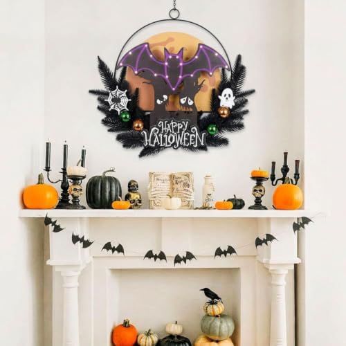Pre-Lit Halloween Wreath for Front Door, Lighted Witch with 6H On/18H Off