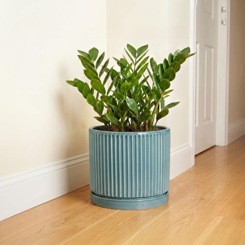 Ceramic Planter 10 Inch, Round Plant Pots with Saucer, Glaze Blue