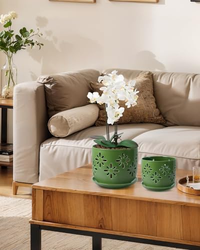 EFISPSS Orchid Pots with Holes,5+6 Inch Ceramic Plant Pots with Drainage Holes and Tray,Enhanced Drainage and Ventilation,Flower Pots for Indoor/Outdoor Plants for Repotting - Green