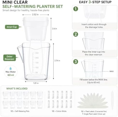 12 Pack 2.5 Inch Clear Self Watering Pots for Indoor Plants