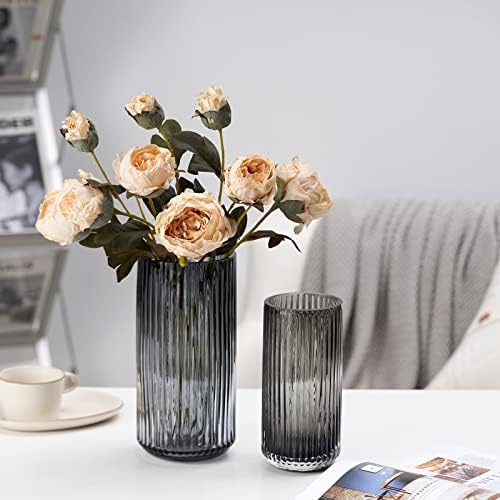 TIMEFOTO Flower Vase 7.5 inch Grey Thickened Hand Blow Glass Vase Round Vintage Striped Bottles for Bookshelf,Dinner Table,Indoor Office Desktop,Meeting Room,Bathroom,Countertop,Home
