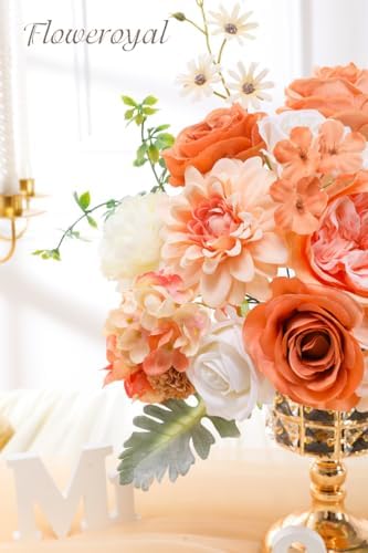 Floweroyal Artificial Flowers Combo Champagne Flowers Mix Silk Flowers Dahlia Roses with Stems for DIY Wedding Bridal Bouquets, Baby Shower, Floral Arrangement, Table Centerpieces, Home Decorations.