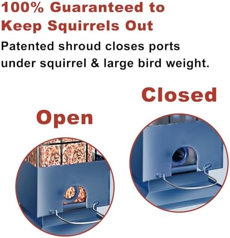 Squirrel Proof Bird Feeder, 3.5Lbs Metal Wild Bird Feeders Anti Squirrel with 4 Feeding Ports for Garden Bird Feeding Station Outdoors Hanging, Pigeon Resistant, Easy to Clean & Refill （Blue）