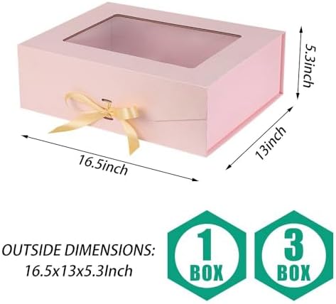 3 Pcs Pink Extra Large Gift Box for Presents with Ribbon 16.5x13x5.3 Inches Clear Gift Box with Window Magnetic Closure Gift Boxes with Lids