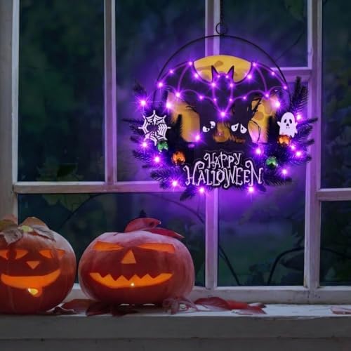 Pre-Lit Halloween Wreath for Front Door, Lighted Witch with 6H On/18H Off