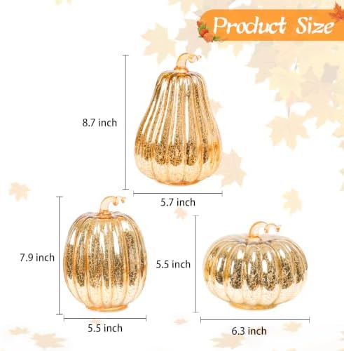 MUMTOP Mercury Glass Pumpkins Lighted 3PCS Halloween Gold Fall Decoration