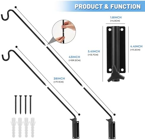 ERYTLLY Extended Reach Deck Hook Wall Pole Wall Mounted, Extensible and Adjustable 28 inch to 43 inch Bracket for Hanging Bird Feeder,Plants,Wind Chimes,Lanterns