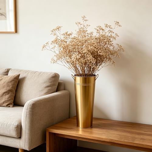 Hosley Set of 2 Gold Metal French Bucket with Handles & PVC Liner, 6" Dia x 15" H for Weddings, Parties, Country Picnics, Floral Arrangements, Tableware Storage, or Gardens - Rustic Farmhouse Décor