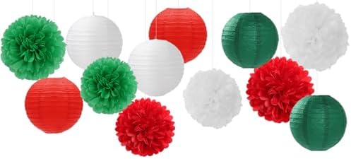 Red-Green White Party-Decorations Christmas Flowers Lanterns - 15PCS Italian Mexican Independence Day Paper Tissue Pom Poms Streamers,Mexico Italy Birthday Baby Shower Wedding Hanging Decor Hugfond