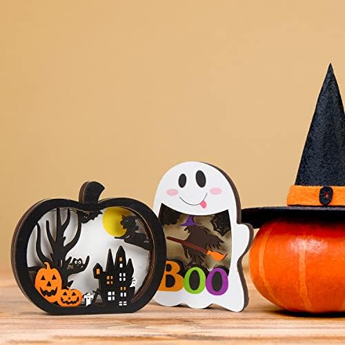 SULOLI Halloween Wooden Lighted Pumpkin for Tabletop, 2pcs Light Up Pumpkin Ghost Lamp Lantern Shadow Box Halloween Table Decorations Ornament