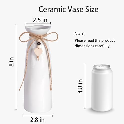 8 Inch Ceramic Vase with Jute Rope & Heart Charm, Elegant White Decorative Vase for Home Décor & Table Centerpieces