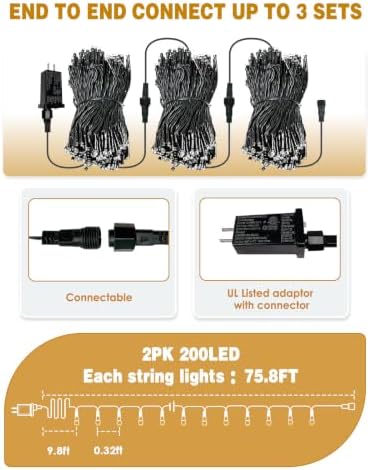 2 Pack Extendable Multicolor Christmas String Lights Indoor Outdoor 400 LED