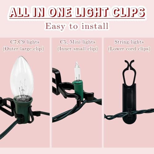 Christmas Light Clips All in One Clips 100Pack, Universal Gutter and Shingle Clip Hooks for Hanging C7, C9 and Mini Lights, Outdoor Xmas Holiday Light Hanger Clip Outside, No Tools Required - Black
