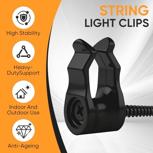 50 Pack String Light Clips, Screw in Hooks for Outdoor String Lights,Weatherproof Cable Clips for Christmas Fairy Lights, Rope Light, Patio Holiday Decor & Cable Management-Black