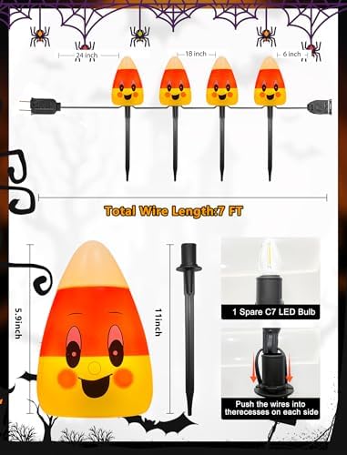 Abeja Candy Corn Lights Outdoor, 7Ft C7 LED Candy Corn Pathway String Lights with 4PCS Halloween Corn Pathway Light for Halloween Party Patio Yard Walkway Garden Decoration and Lighting