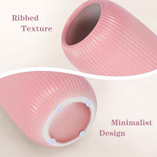 Ceramic Vase for Flowers – Modern Small Ribbed Textured Flower Vase for Home Decor, Pampas Grass, Decorative, Farmhouse, Coffee Table, Kitchen Centerpieces, Bookshelf and Home Living (Pink)