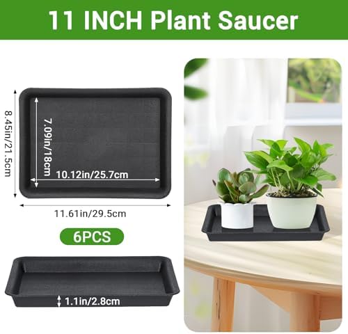 GREANER 11 Inch Rectangular Plant Tray, 6 Packs Pant Pot Trays, Indoor Plant Trays for Pots, Plant Drip Tray Outdoors, Heavy Duty Square Boot Tray for Window Sills and Window Shelf