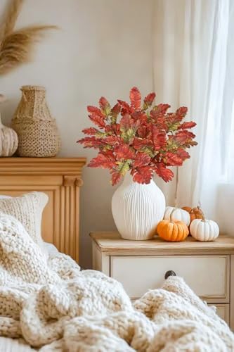 Faux Oak Leaf Branches 5 Pcs Fall Leaf Stems for Vases, 18" Fall Leaves Stems Artificial Oak Branches, Faux Oaks Branch for Autumn Decor Farmhouse Thanksgiving Centerpiece Halloween Decoration, Red