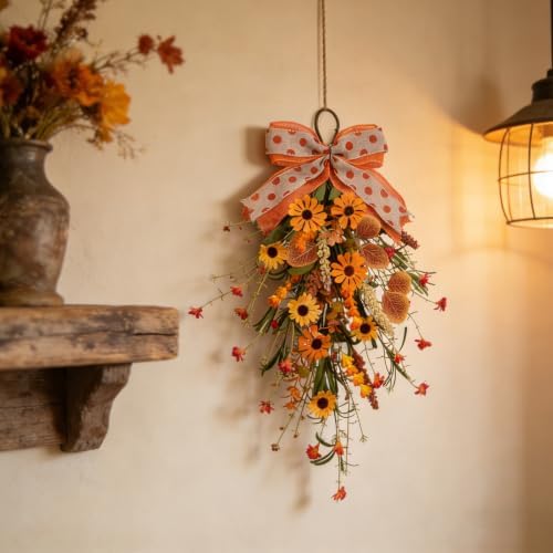 20 Inch Fall Teardrop Swags for Front Door, Autumn Swag with Daisies,Sunflowers, Fall Leaves, Burlap Bow, Fall Door Swag for Porch, Window, Mantel, Thanksgiving Farmhouse Decor