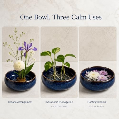 Ceramic Ikebana Vase Set - 6.5" Blue Pottery Flower Bowl Kit