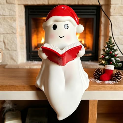 Christmas Reading Ghost Figurine Xmas Hat Spooky Glow in the Dark Statues
