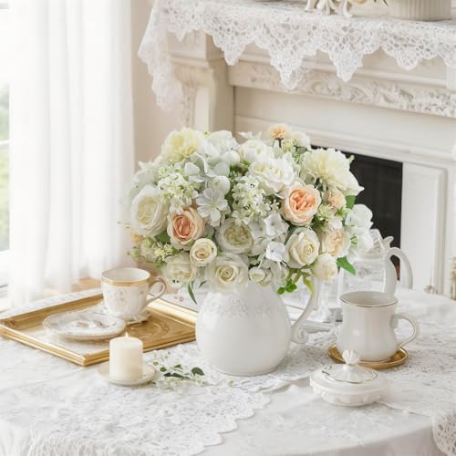 8 Pcs Mixed Artificial Peony Flowers Set-4 Bouquets & 4 Stems, White Fake Peony Rose Hydrangea Flower for Vase Silk Floral Arrangements for Table Centerpiece Wedding Party Bridal Decoration Home Decor