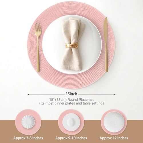 FunWheat Round Braided Placemats Set of 4 Table Mats for Dining Tables Woven Washable Non-Slip Place mats 15inch (Pink, 4pcs)