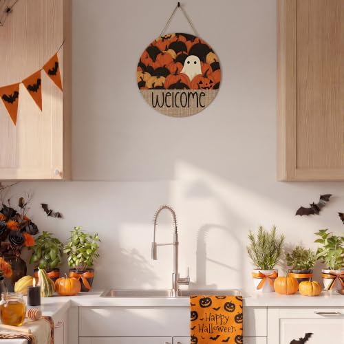 Smile Halloween Wooden Door Hanger with Welcome Ghost and Pumpkin Fall