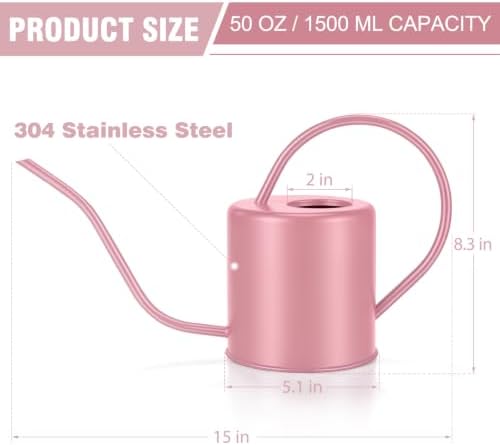 Plant Watering Can, 50 oz / 1500 ml Stainless Steel Metal - Modern Decorative with Long Spout for Indoor Potted Plants, Bonsai, Garden Flowers, Pink