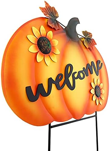 Rustic Metal Pumpkin Garden Stakes Standing Outdoor Welcome Signs Home Decorations Metal Pumpkins Yard Outdoors for Fall Harvest Decor Thanksgiving Halloween Lawn Decorations-24''H
