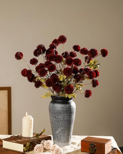 DuHouse 9pcs Faux Silk Pompon Mum Small Chrysanthemum Ball Burgundy