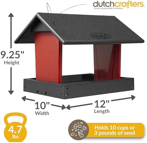 Poly Hanging Hopper Bird Feeder, Large Bird Feeder for Outside, Outdoors - Amish American Made (Hanging, Black & Red)