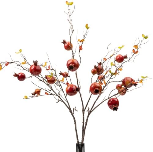 4pcs Red Berry Stems Pomegranate Faux Flowers with Fake Fall Leaves Artificial Fruits Decor Tall Branches for Vase Room Christmas Home Wedding Thanksgiving Centerpieces Arrangements Party Decoration