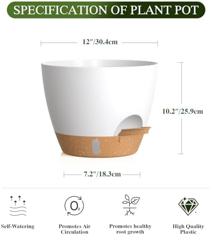 Plant Pots, 1 Pack 12 Inch Self Watering Pots with Drainage Holes, Water Level Indicator Deep Reservoir, Large Planters for Indoor Outdoor Plants - White Brown